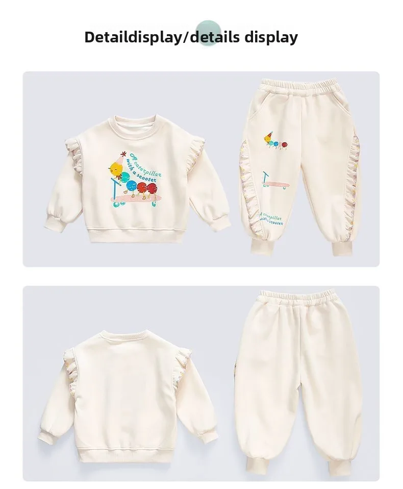 1-8Y Kids Girls Beige Pants Sets Cartoon Pattern Long Sleeve Loose Ruched Pullover Hoodies+Elastic Waist Baggy Pants 2pcs Sets