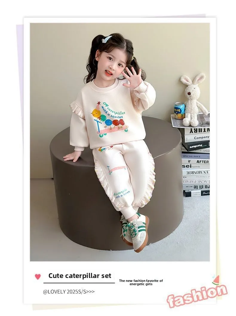 1-8Y Kids Girls Beige Pants Sets Cartoon Pattern Long Sleeve Loose Ruched Pullover Hoodies+Elastic Waist Baggy Pants 2pcs Sets