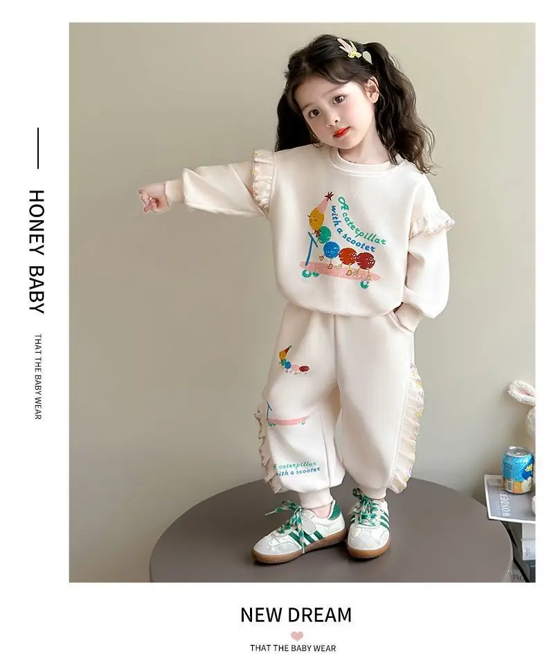 1-8Y Kids Girls Beige Pants Sets Cartoon Pattern Long Sleeve Loose Ruched Pullover Hoodies+Elastic Waist Baggy Pants 2pcs Sets