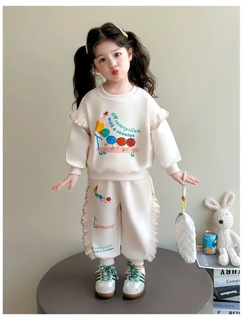 1-8Y Kids Girls Beige Pants Sets Cartoon Pattern Long Sleeve Loose Ruched Pullover Hoodies+Elastic Waist Baggy Pants 2pcs Sets