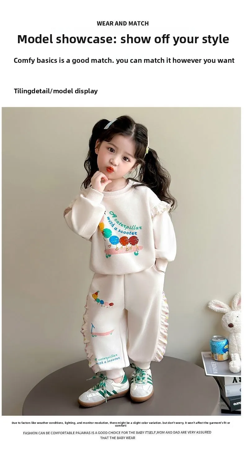 1-8Y Kids Girls Beige Pants Sets Cartoon Pattern Long Sleeve Loose Ruched Pullover Hoodies+Elastic Waist Baggy Pants 2pcs Sets