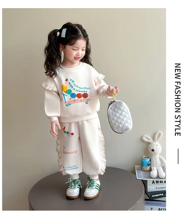 1-8Y Kids Girls Beige Pants Sets Cartoon Pattern Long Sleeve Loose Ruched Pullover Hoodies+Elastic Waist Baggy Pants 2pcs Sets