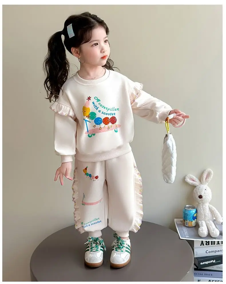 1-8Y Kids Girls Beige Pants Sets Cartoon Pattern Long Sleeve Loose Ruched Pullover Hoodies+Elastic Waist Baggy Pants 2pcs Sets