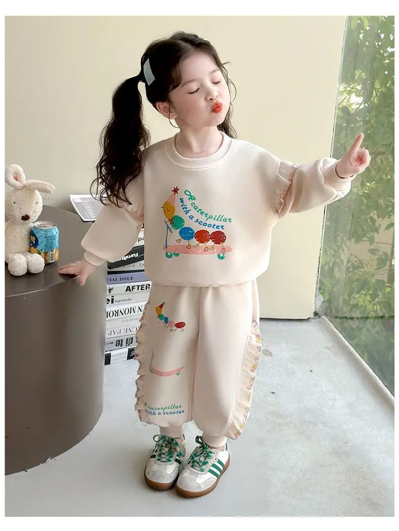 1-8Y Kids Girls Beige Pants Sets Cartoon Pattern Long Sleeve Loose Ruched Pullover Hoodies+Elastic Waist Baggy Pants 2pcs Sets