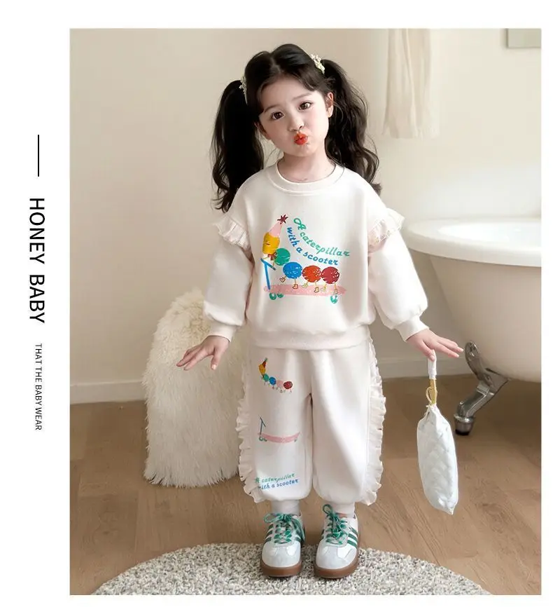 1-8Y Kids Girls Beige Pants Sets Cartoon Pattern Long Sleeve Loose Ruched Pullover Hoodies+Elastic Waist Baggy Pants 2pcs Sets