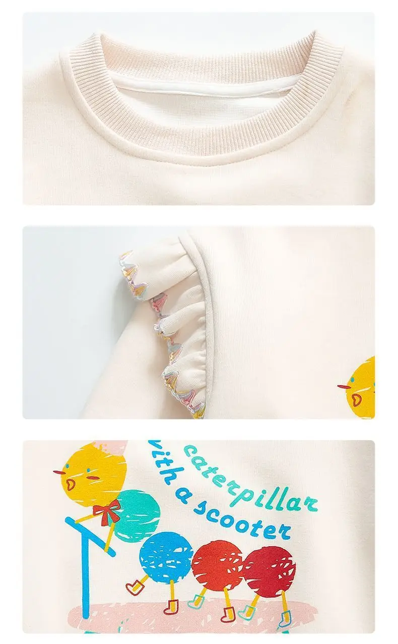 1-8Y Kids Girls Beige Pants Sets Cartoon Pattern Long Sleeve Loose Ruched Pullover Hoodies+Elastic Waist Baggy Pants 2pcs Sets