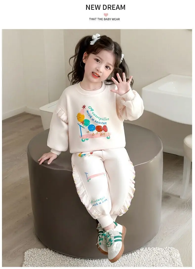 1-8Y Kids Girls Beige Pants Sets Cartoon Pattern Long Sleeve Loose Ruched Pullover Hoodies+Elastic Waist Baggy Pants 2pcs Sets