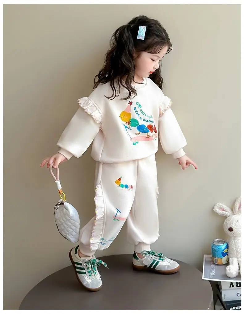 1-8Y Kids Girls Beige Pants Sets Cartoon Pattern Long Sleeve Loose Ruched Pullover Hoodies+Elastic Waist Baggy Pants 2pcs Sets