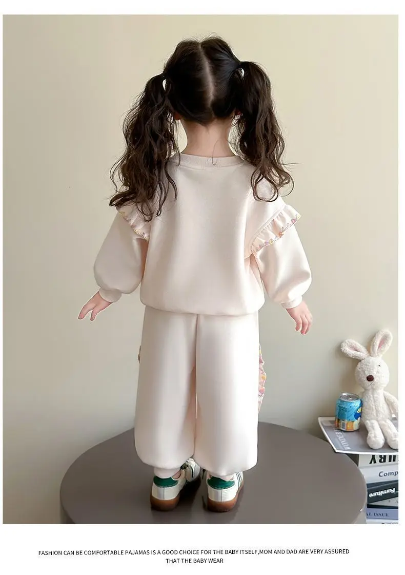 1-8Y Kids Girls Beige Pants Sets Cartoon Pattern Long Sleeve Loose Ruched Pullover Hoodies+Elastic Waist Baggy Pants 2pcs Sets