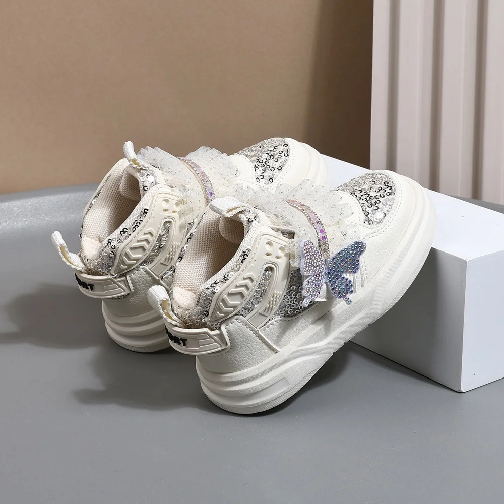 2025 New Autumn Children Shoes Leather Toddler Kids Sport Shoes Bling Cute Butterfly Soft Sole Fashion Girls Sneakers