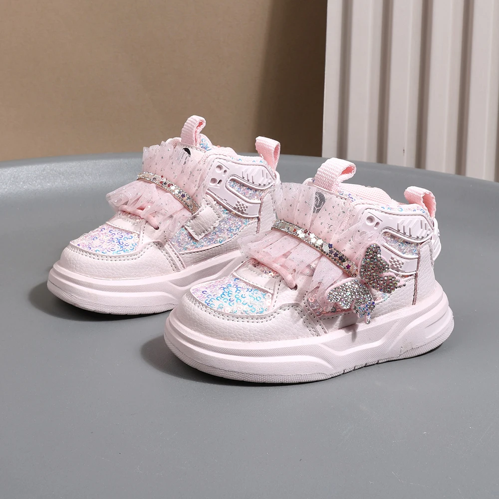 2025 New Autumn Children Shoes Leather Toddler Kids Sport Shoes Bling Cute Butterfly Soft Sole Fashion Girls Sneakers