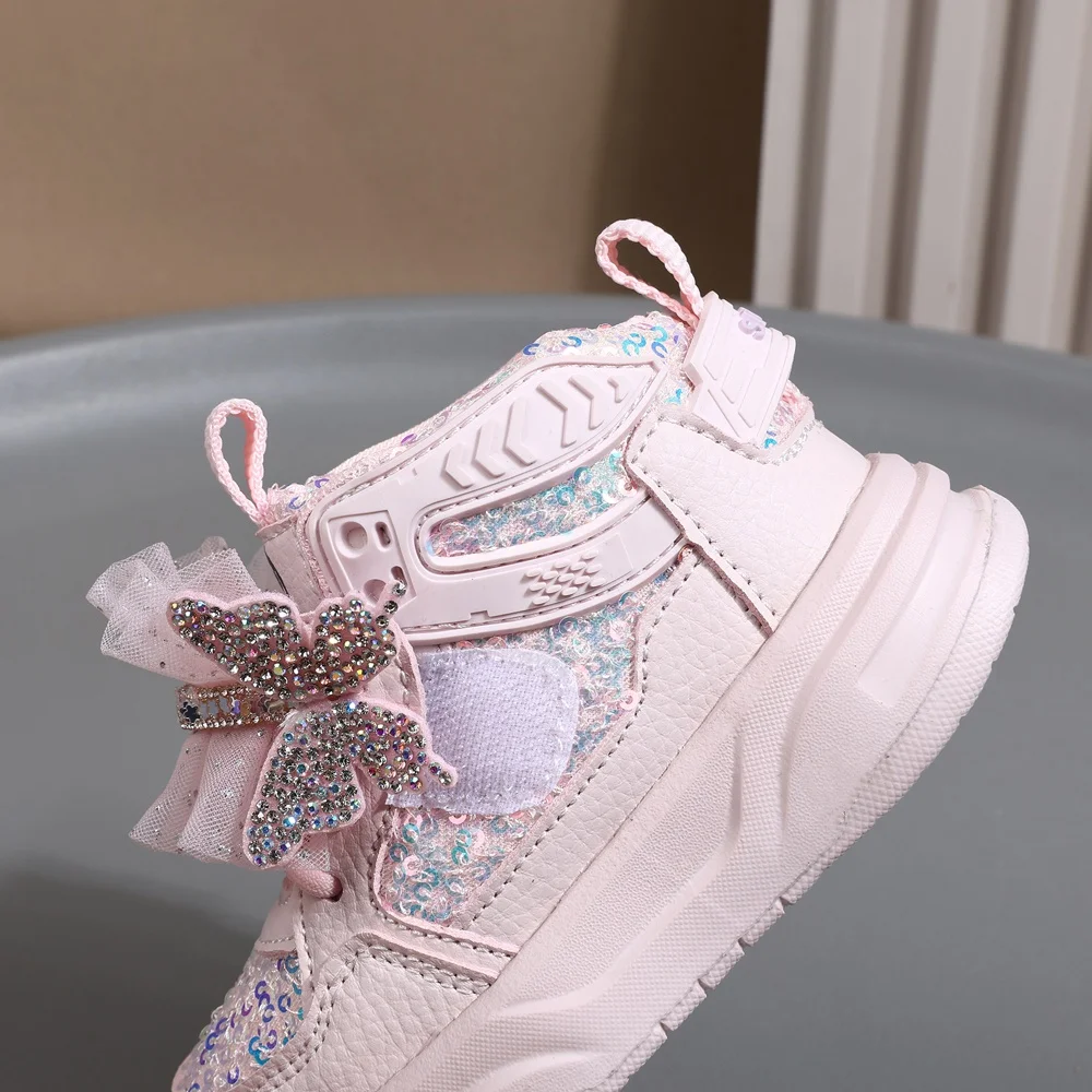 2025 New Autumn Children Shoes Leather Toddler Kids Sport Shoes Bling Cute Butterfly Soft Sole Fashion Girls Sneakers