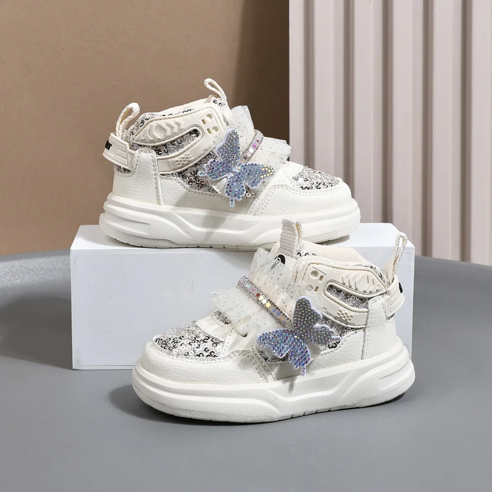 2025 New Autumn Children Shoes Leather Toddler Kids Sport Shoes Bling Cute Butterfly Soft Sole Fashion Girls Sneakers
