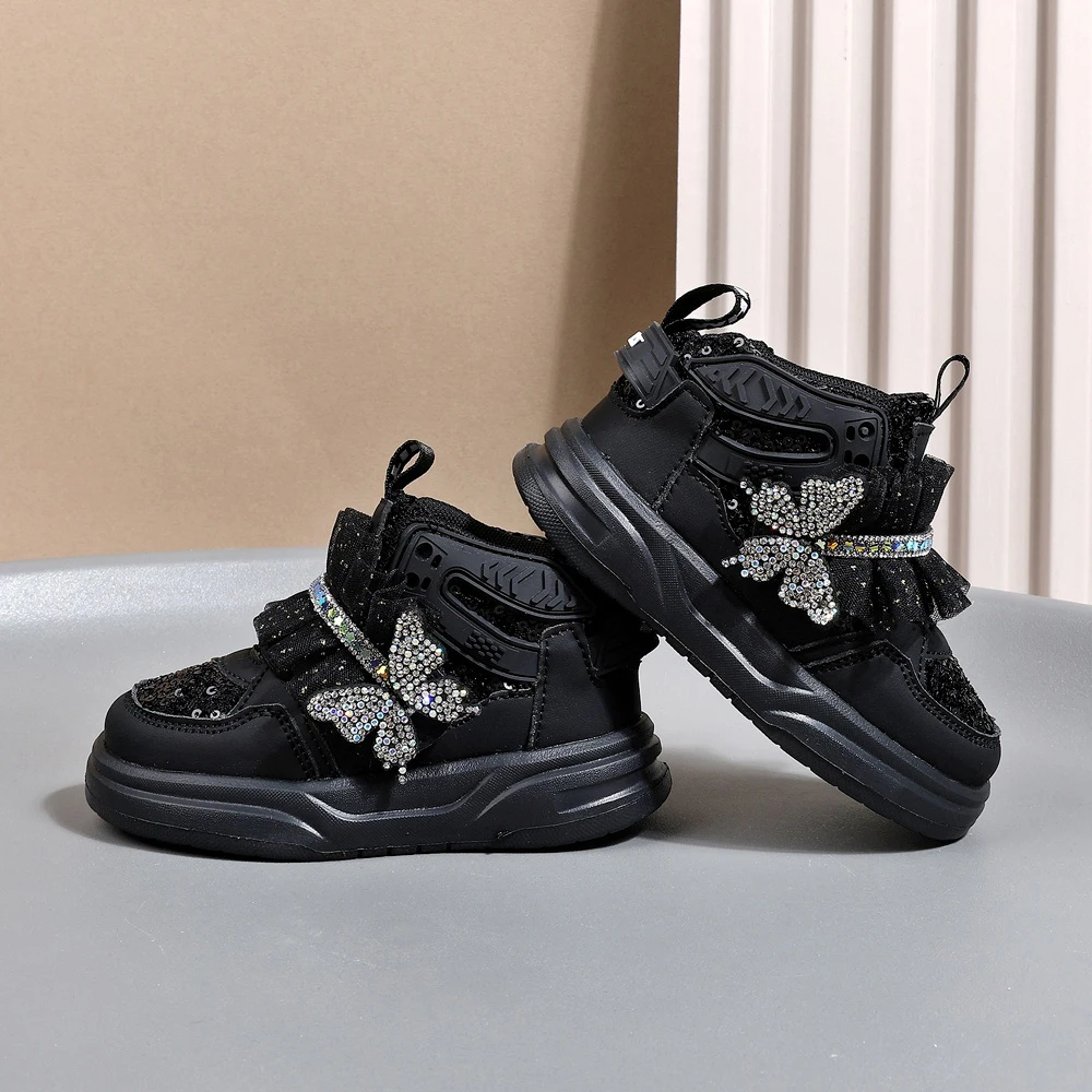 2025 New Autumn Children Shoes Leather Toddler Kids Sport Shoes Bling Cute Butterfly Soft Sole Fashion Girls Sneakers