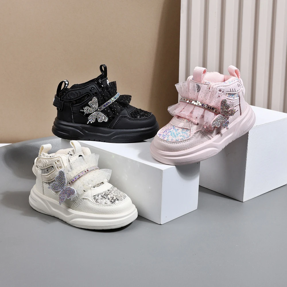 2025 New Autumn Children Shoes Leather Toddler Kids Sport Shoes Bling Cute Butterfly Soft Sole Fashion Girls Sneakers