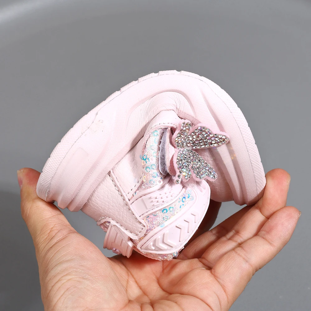 2025 New Autumn Children Shoes Leather Toddler Kids Sport Shoes Bling Cute Butterfly Soft Sole Fashion Girls Sneakers