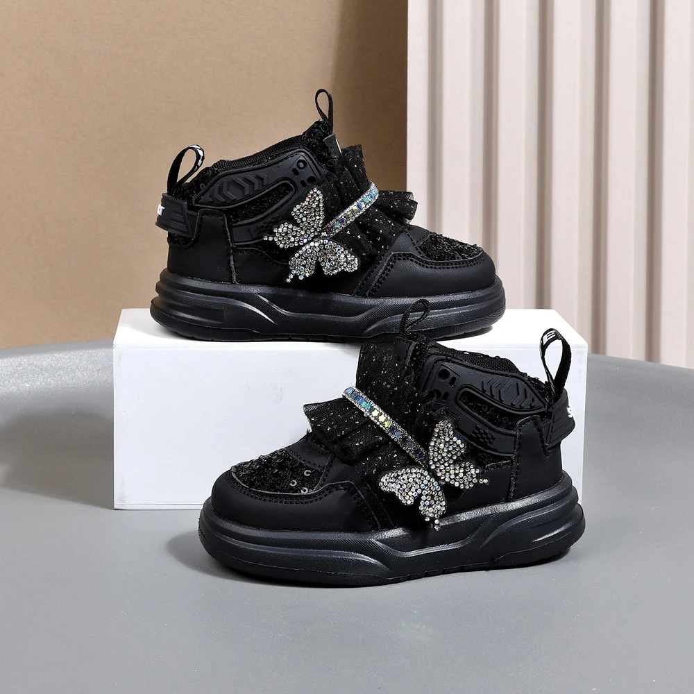 2025 New Autumn Children Shoes Leather Toddler Kids Sport Shoes Bling Cute Butterfly Soft Sole Fashion Girls Sneakers