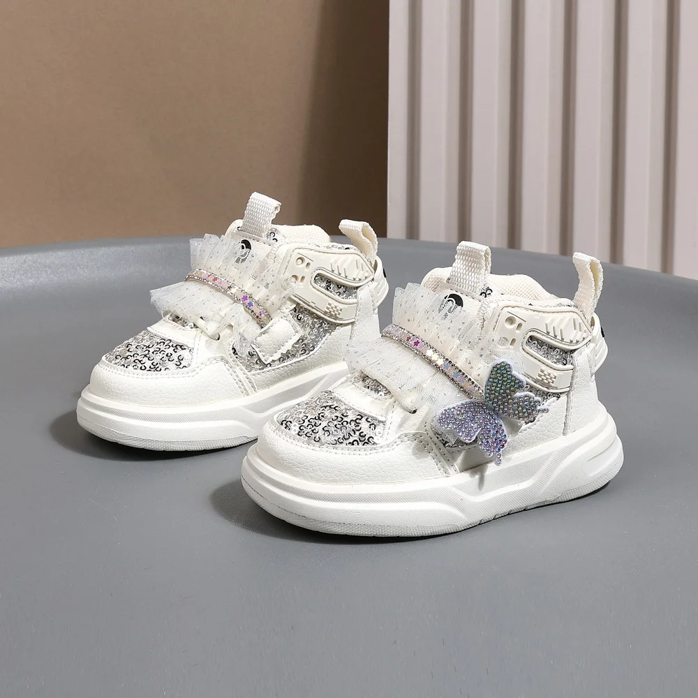 2025 New Autumn Children Shoes Leather Toddler Kids Sport Shoes Bling Cute Butterfly Soft Sole Fashion Girls Sneakers