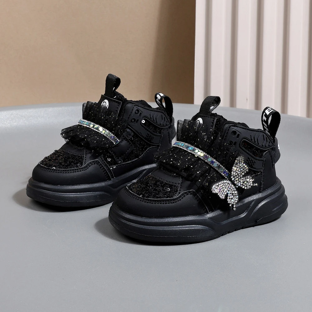 2025 New Autumn Children Shoes Leather Toddler Kids Sport Shoes Bling Cute Butterfly Soft Sole Fashion Girls Sneakers