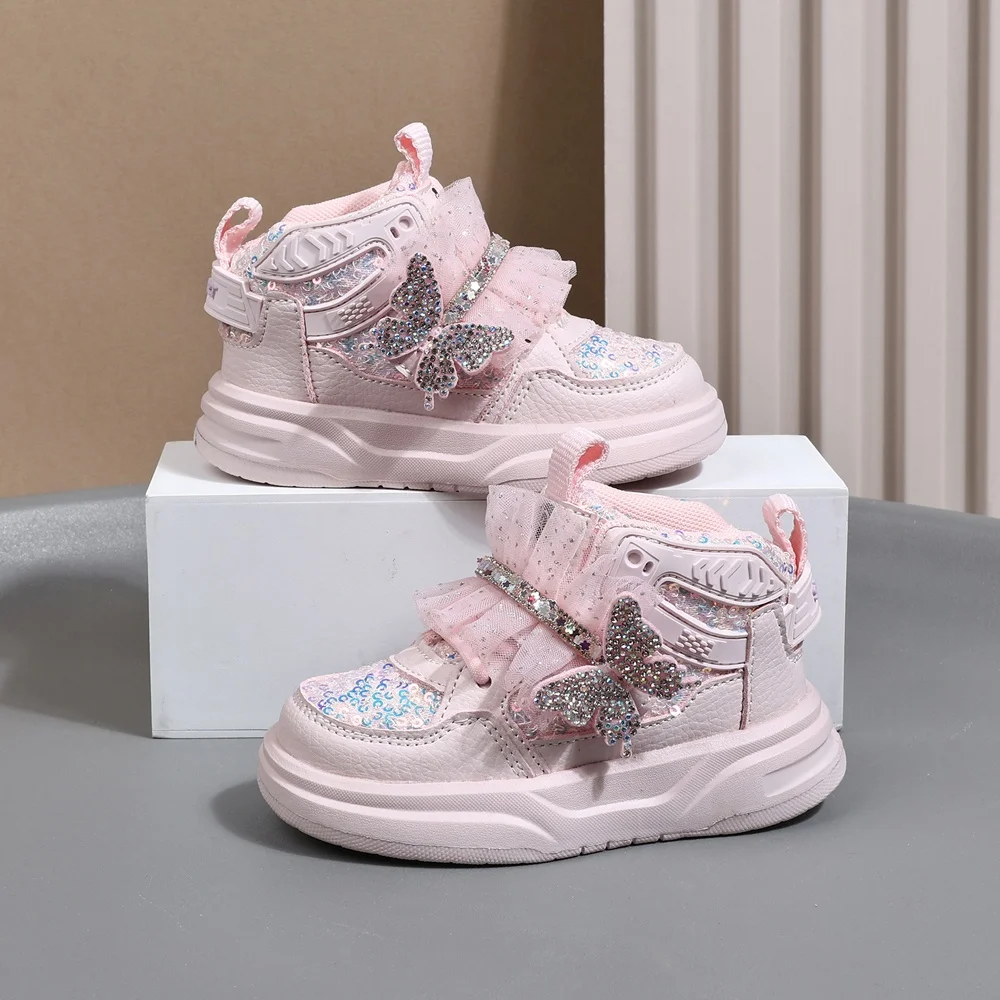 2025 New Autumn Children Shoes Leather Toddler Kids Sport Shoes Bling Cute Butterfly Soft Sole Fashion Girls Sneakers