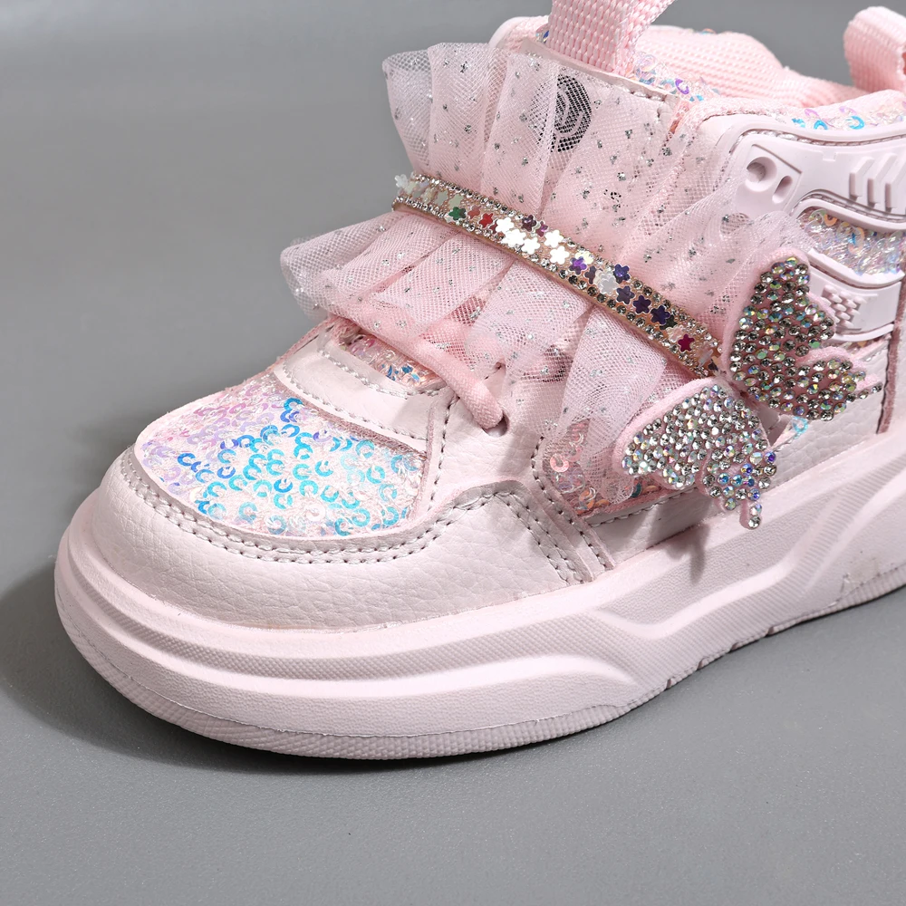 2025 New Autumn Children Shoes Leather Toddler Kids Sport Shoes Bling Cute Butterfly Soft Sole Fashion Girls Sneakers