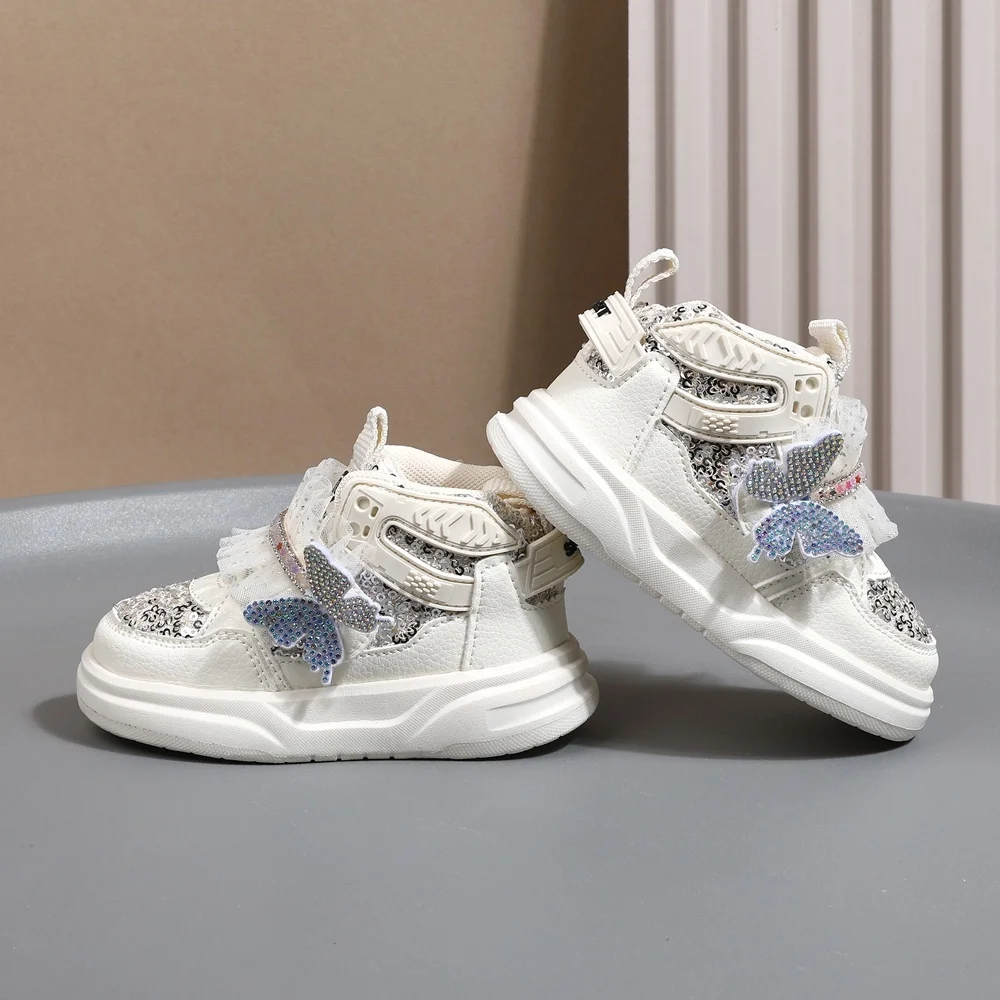 2025 New Autumn Children Shoes Leather Toddler Kids Sport Shoes Bling Cute Butterfly Soft Sole Fashion Girls Sneakers