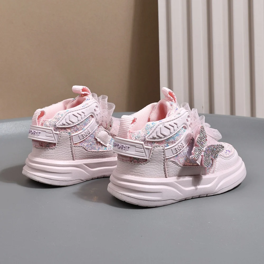 2025 New Autumn Children Shoes Leather Toddler Kids Sport Shoes Bling Cute Butterfly Soft Sole Fashion Girls Sneakers