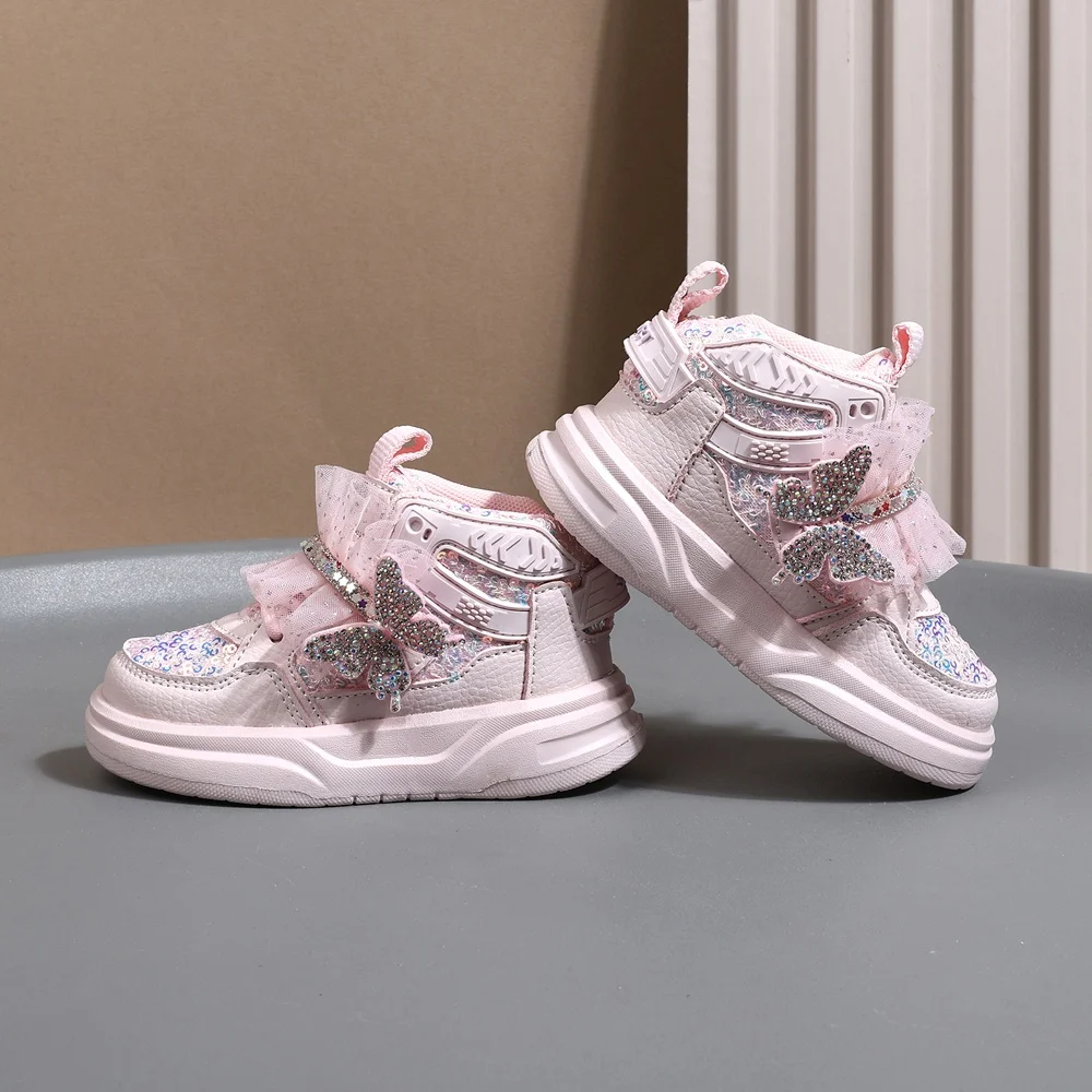 2025 New Autumn Children Shoes Leather Toddler Kids Sport Shoes Bling Cute Butterfly Soft Sole Fashion Girls Sneakers
