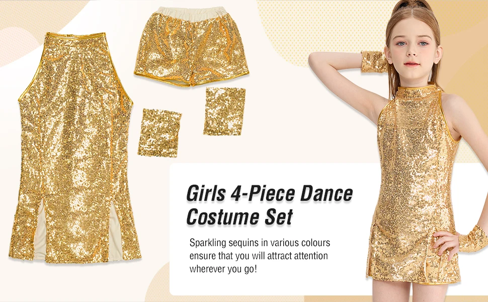 LOlanta Girls Sequins Dance Clothes Dress 4-12 Years Sparkle Hip Hop Jazz Dance Outfit, Sleeveless Top and Shorts
