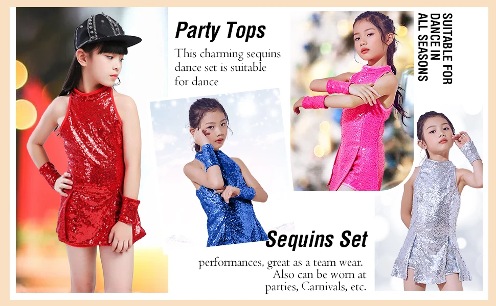 LOlanta Girls Sequins Dance Clothes Dress 4-12 Years Sparkle Hip Hop Jazz Dance Outfit, Sleeveless Top and Shorts