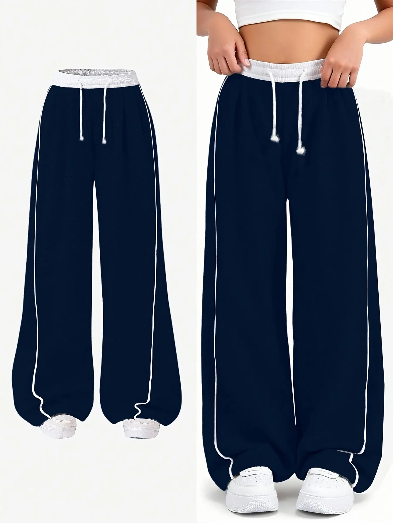 Kids Girls 1-Piece Wide Leg Sweatpants, Navy White Elastic Drawstring Waist Casual Trousers With Double White Side Strip Loose J