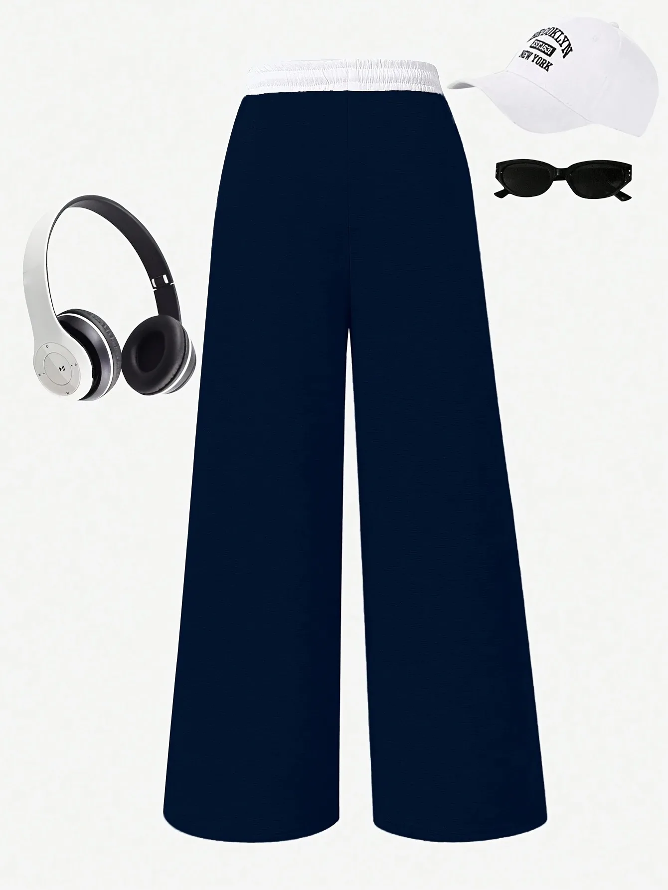Kids Girls 1-Piece Wide Leg Sweatpants, Navy White Elastic Drawstring Waist Casual Trousers With Double White Side Strip Loose J