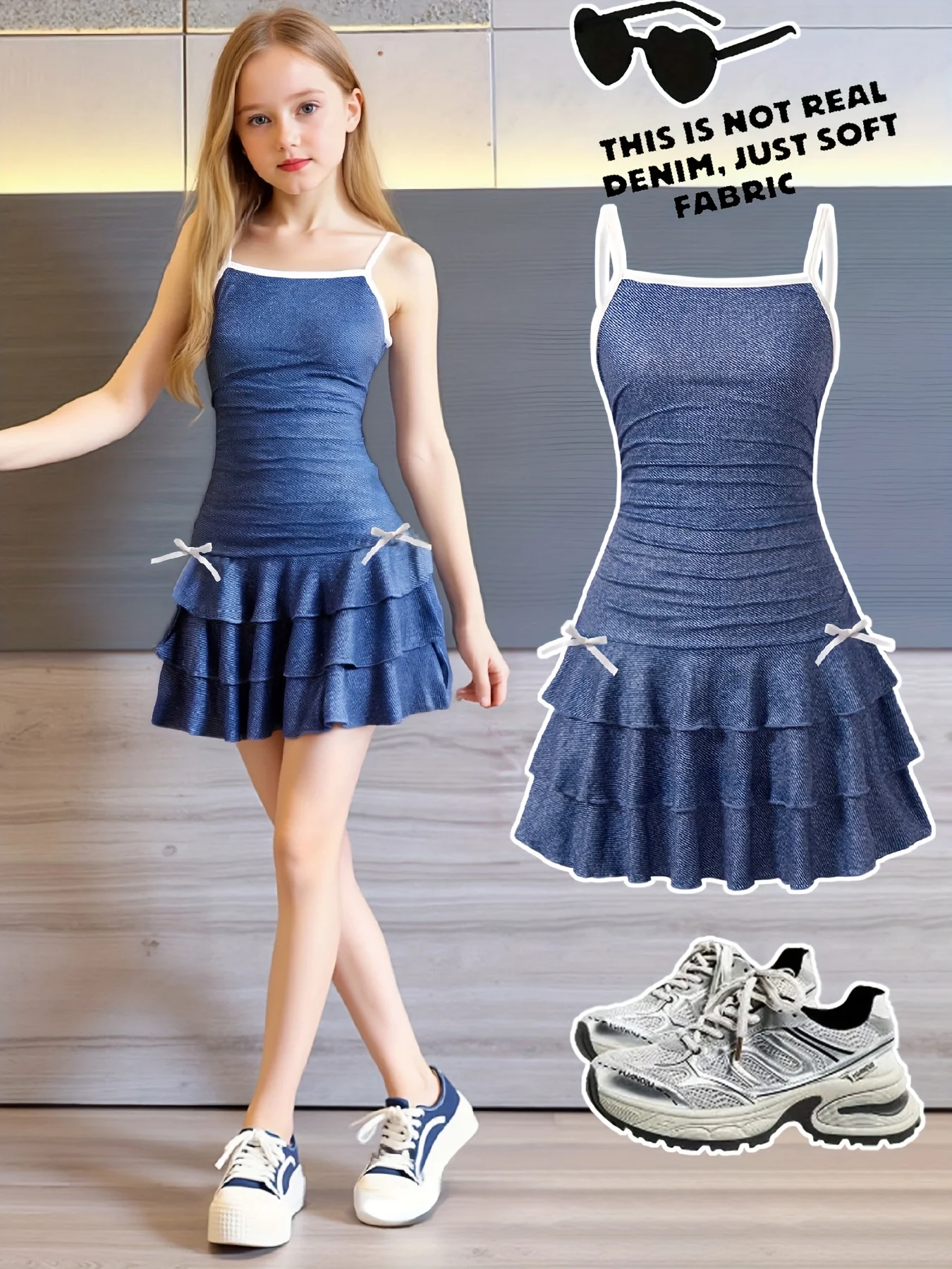 Girls' Casual Dress, Trendy Item for Girls, Faux Denim Print Suspender Dress with White Trim + Bow Design, Fashionable and Versatile, Suitable for Children Aged 5-13, Versatile Clothing for Home and Outings