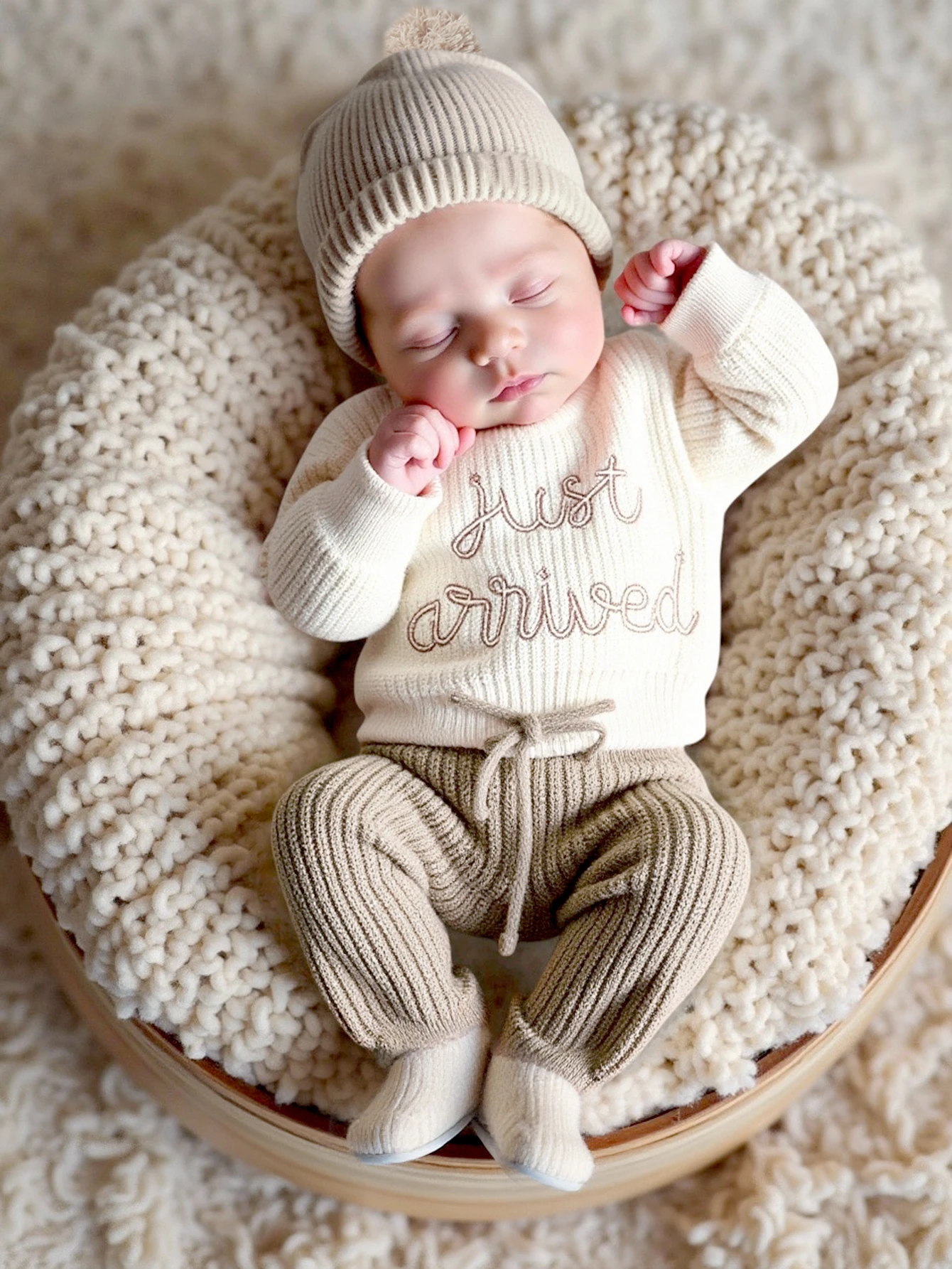 Ylsteed 3 Pcs Set Knitting Newborn Boy Photography Clothes "Just Arrived" Embroidery Khaki Baby Outfits Sweater Baby Shower Gift
