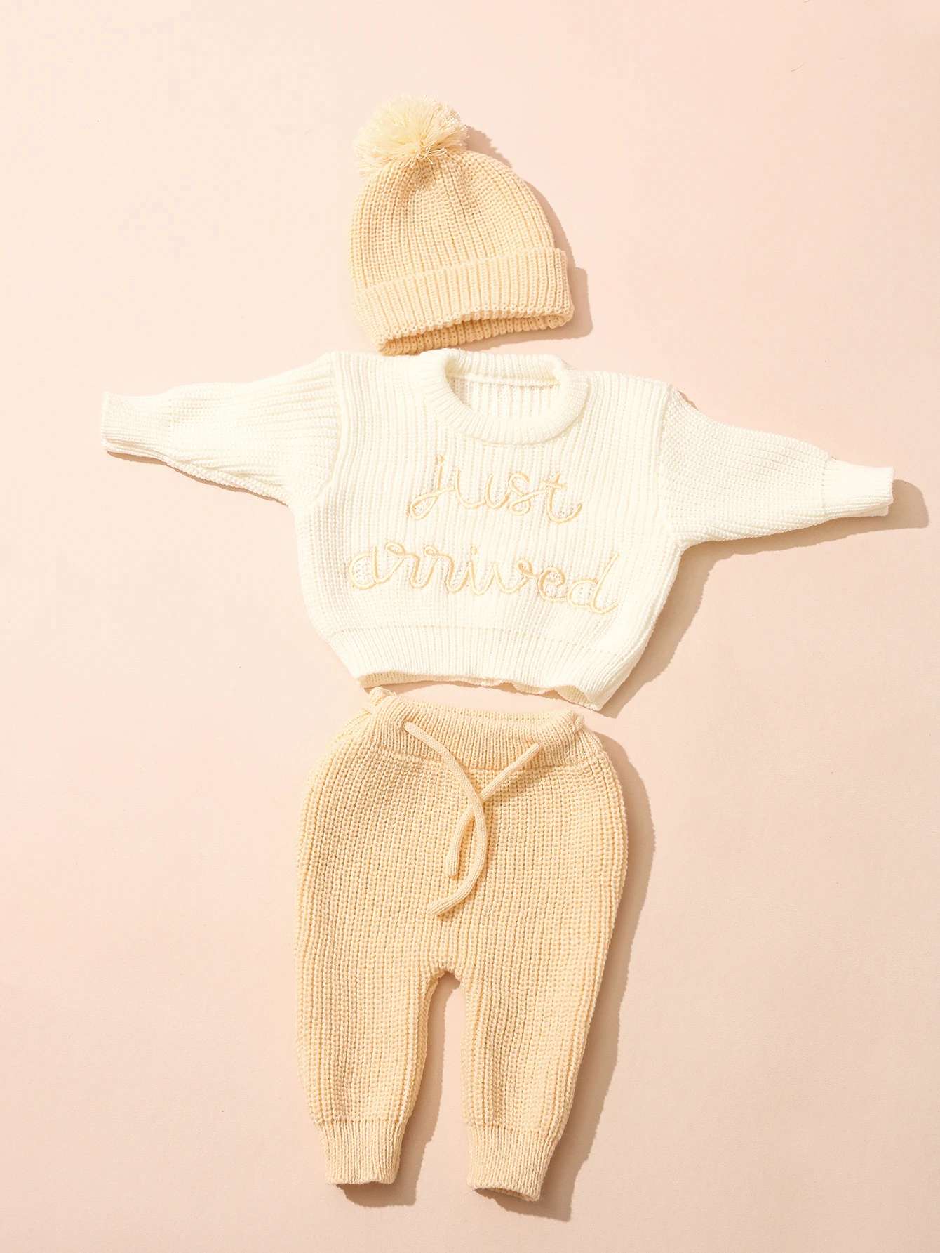 Ylsteed 3 Pcs Set Knitting Newborn Boy Photography Clothes "Just Arrived" Embroidery Khaki Baby Outfits Sweater Baby Shower Gift