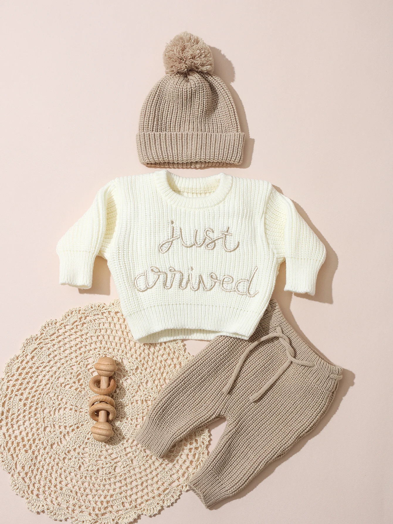 Ylsteed 3 Pcs Set Knitting Newborn Boy Photography Clothes "Just Arrived" Embroidery Khaki Baby Outfits Sweater Baby Shower Gift