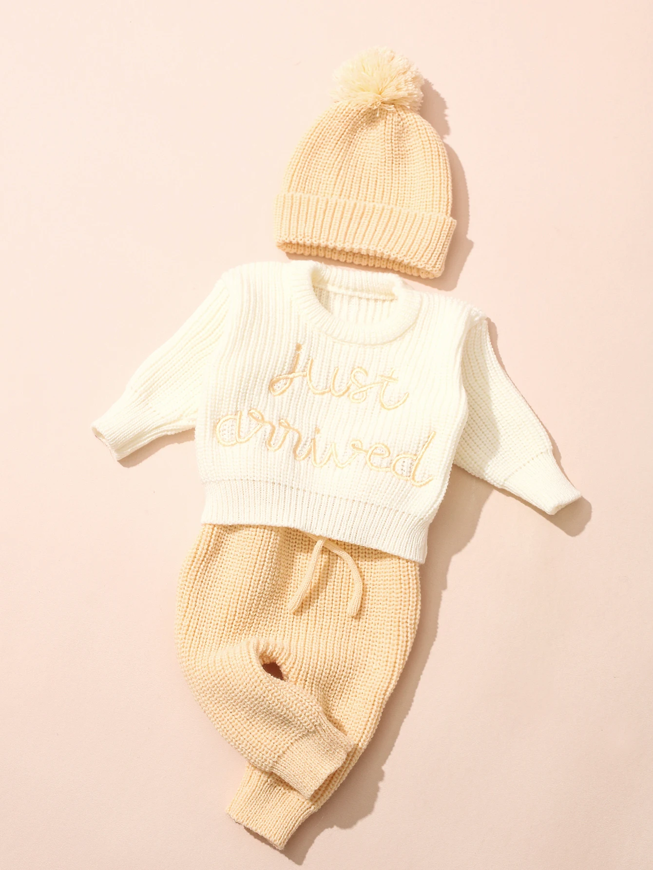 Ylsteed 3 Pcs Set Knitting Newborn Boy Photography Clothes "Just Arrived" Embroidery Khaki Baby Outfits Sweater Baby Shower Gift