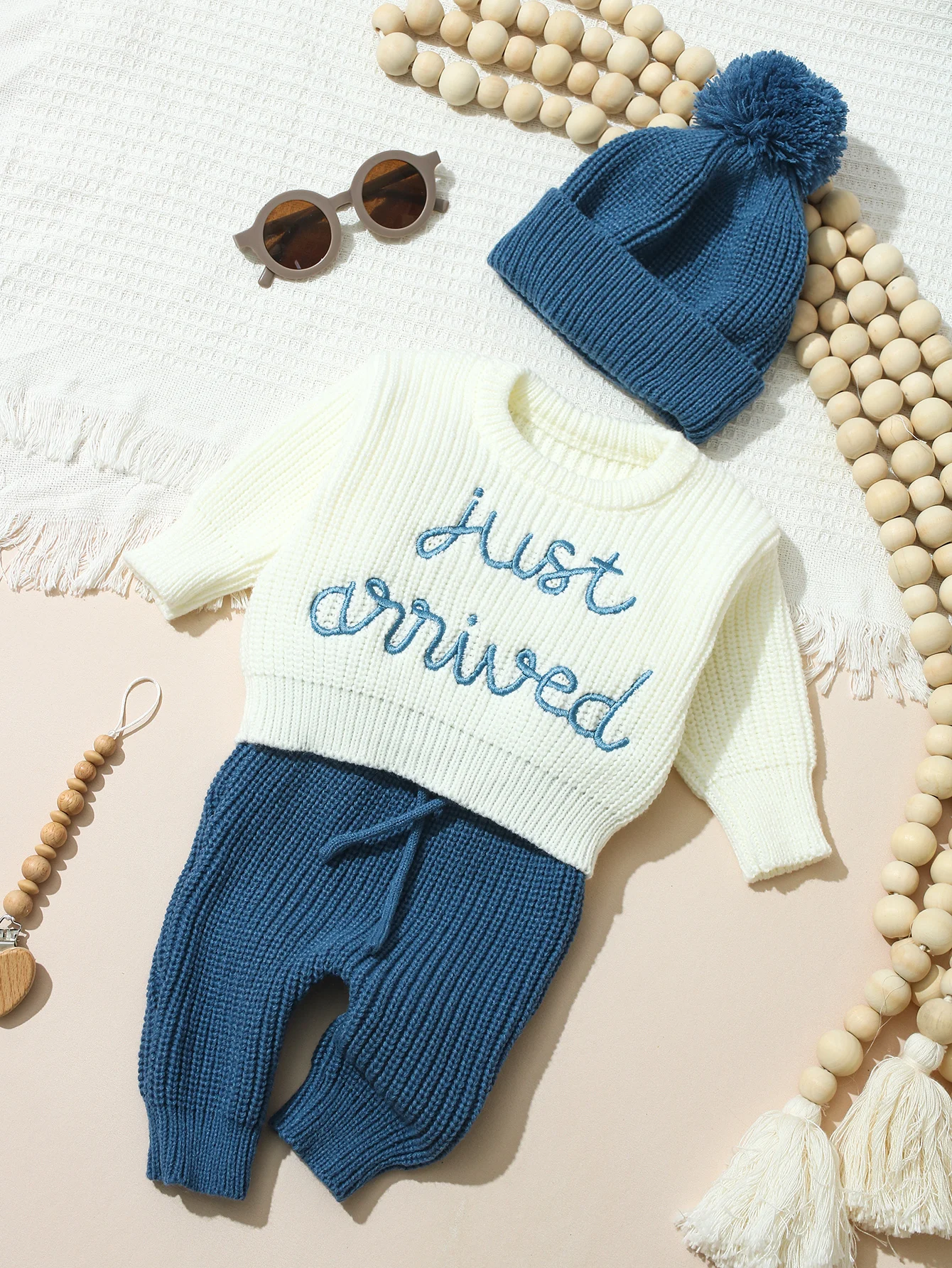 Ylsteed 3 Pcs Set Knitting Newborn Boy Photography Clothes "Just Arrived" Embroidery Khaki Baby Outfits Sweater Baby Shower Gift