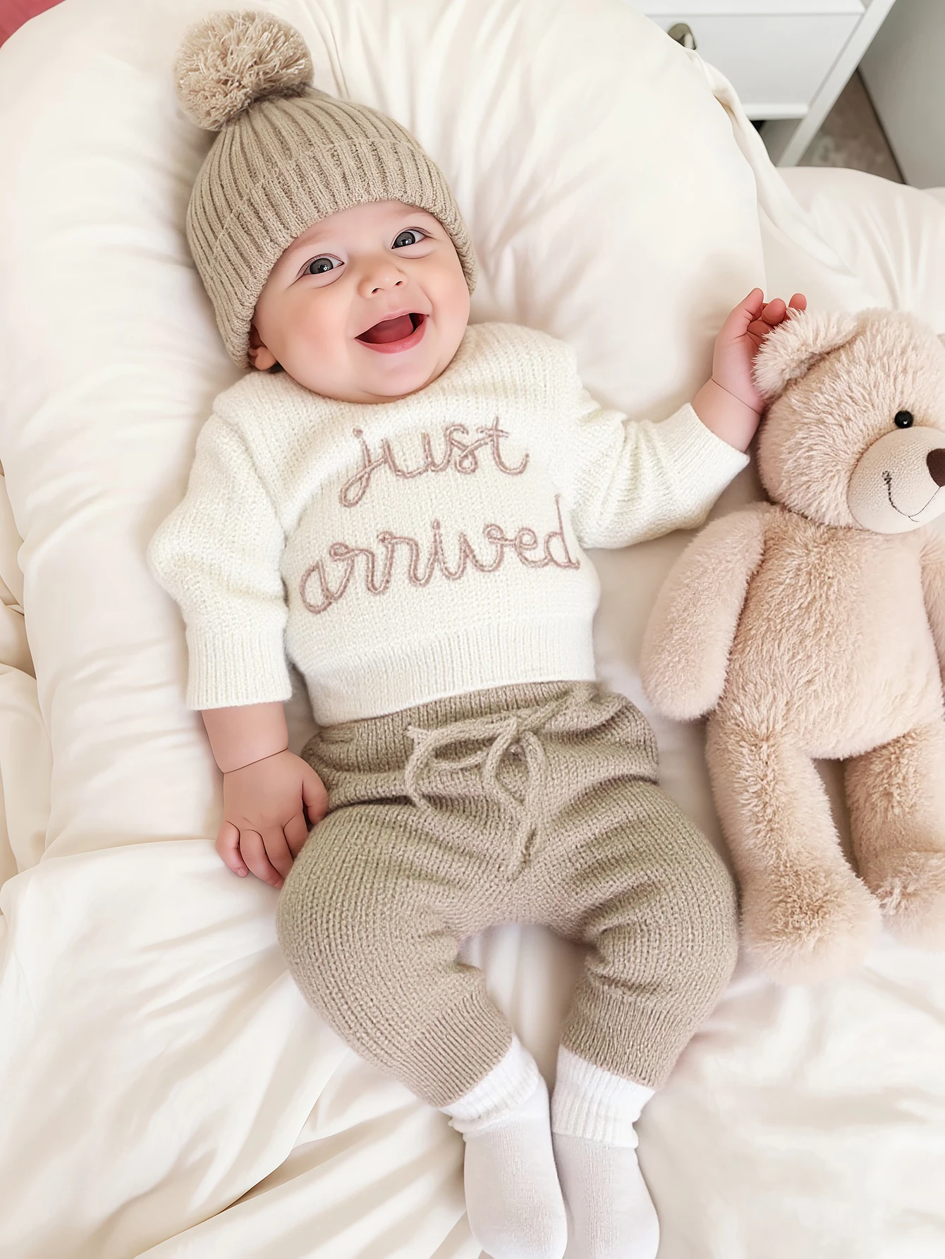 Ylsteed 3 Pcs Set Knitting Newborn Boy Photography Clothes "Just Arrived" Embroidery Khaki Baby Outfits Sweater Baby Shower Gift