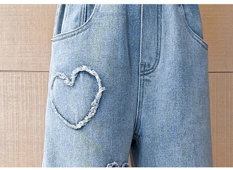 Teenagers Girls Jeans Love Embroidery Children Trousers Autumn Girls Denim Wide Leg Pants 5 6 8 10 12 14 Years New Kids Clothes