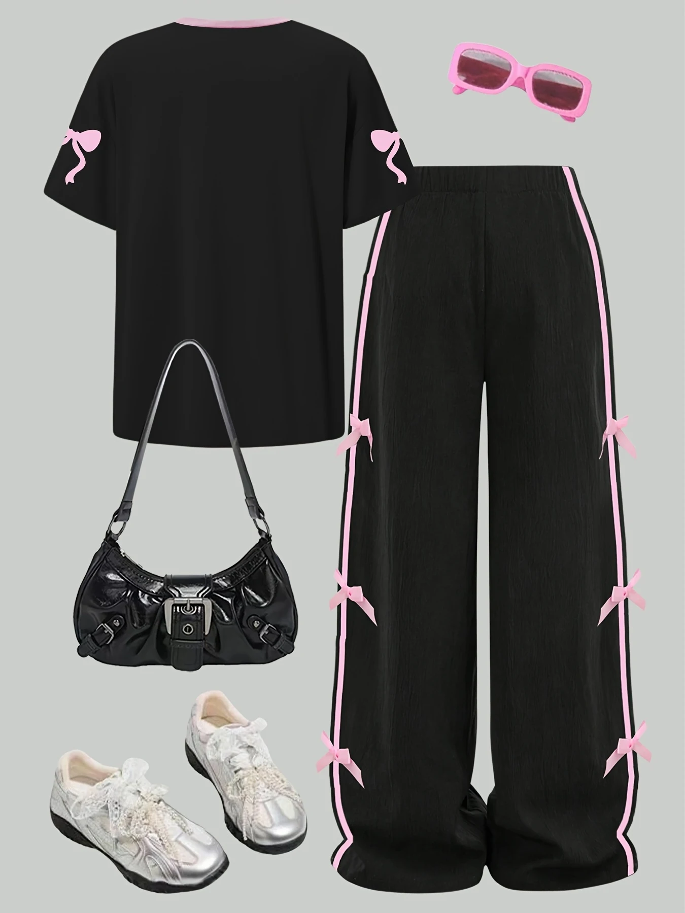 Kids Girls 2-Piece Casual Outfit, Black Pink Number 23 Bow Print Short Sleeve T-Shirt & Side Stripe Bow Decor Wide Leg Pants Set