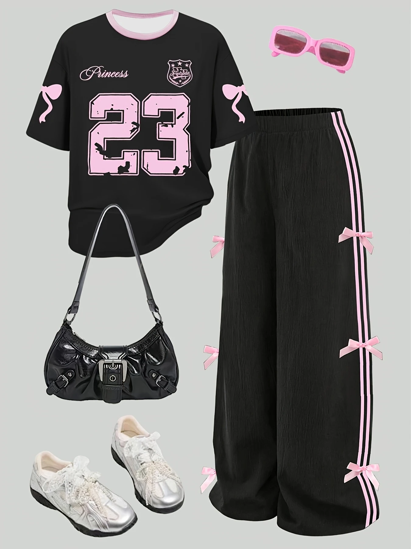 Kids Girls 2-Piece Casual Outfit, Black Pink Number 23 Bow Print Short Sleeve T-Shirt & Side Stripe Bow Decor Wide Leg Pants Set