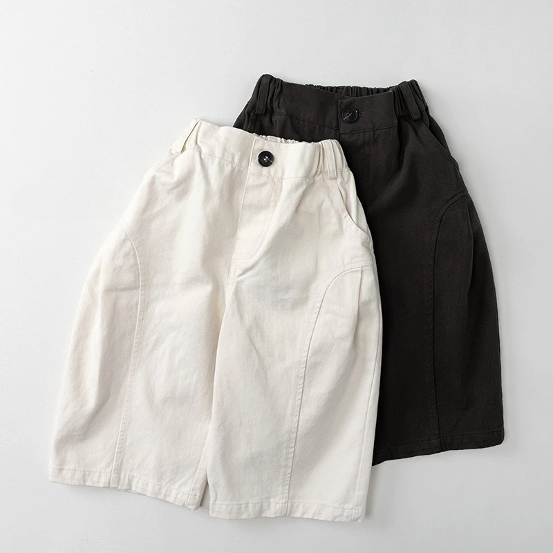 2026 Spring Children Casual Pants 1-6T Simple Style Girls Solid Color Wide Leg Pants Korean-style Boys One Button Loose Trousers