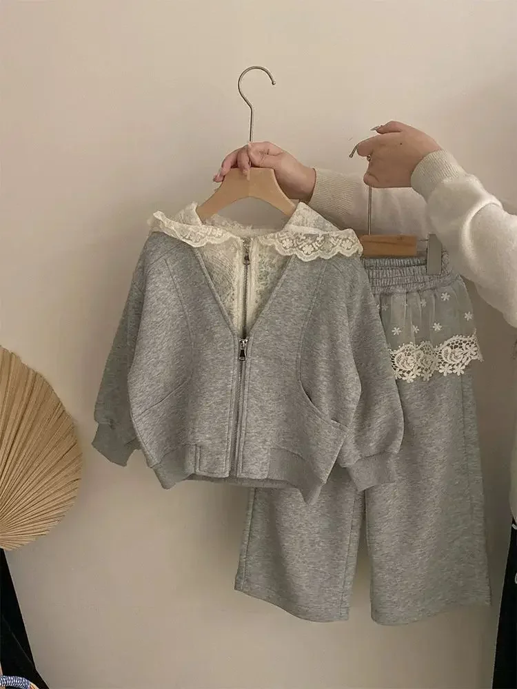 Girls' Korean Lace Hooded Cardigan + Apron Dress – 2-Piece Spring Casual Outfit for Toddler, Soft Daily Wear Baby Girl Clothes