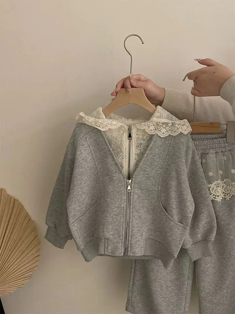 Girls' Korean Lace Hooded Cardigan + Apron Dress – 2-Piece Spring Casual Outfit for Toddler, Soft Daily Wear Baby Girl Clothes