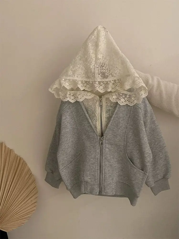 Girls' Korean Lace Hooded Cardigan + Apron Dress – 2-Piece Spring Casual Outfit for Toddler, Soft Daily Wear Baby Girl Clothes