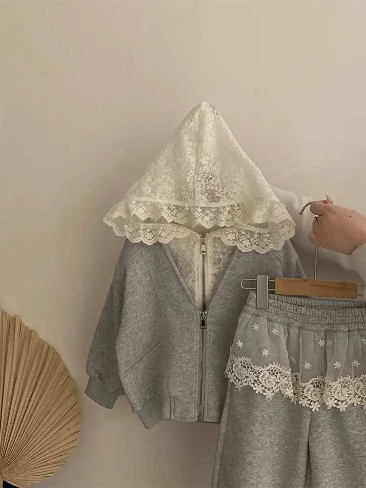 Girls' Korean Lace Hooded Cardigan + Apron Dress – 2-Piece Spring Casual Outfit for Toddler, Soft Daily Wear Baby Girl Clothes