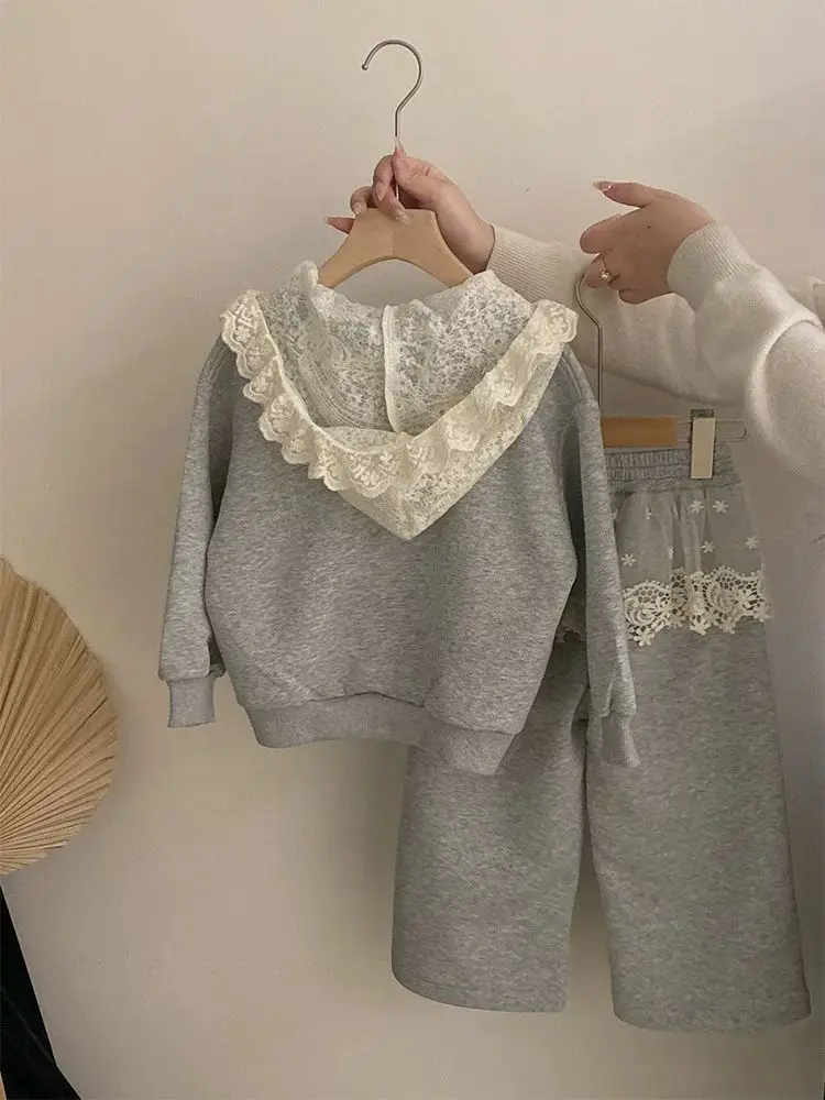 Girls' Korean Lace Hooded Cardigan + Apron Dress – 2-Piece Spring Casual Outfit for Toddler, Soft Daily Wear Baby Girl Clothes