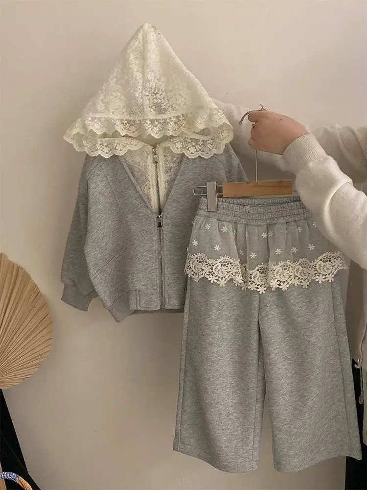 Girls' Korean Lace Hooded Cardigan + Apron Dress – 2-Piece Spring Casual Outfit for Toddler, Soft Daily Wear Baby Girl Clothes