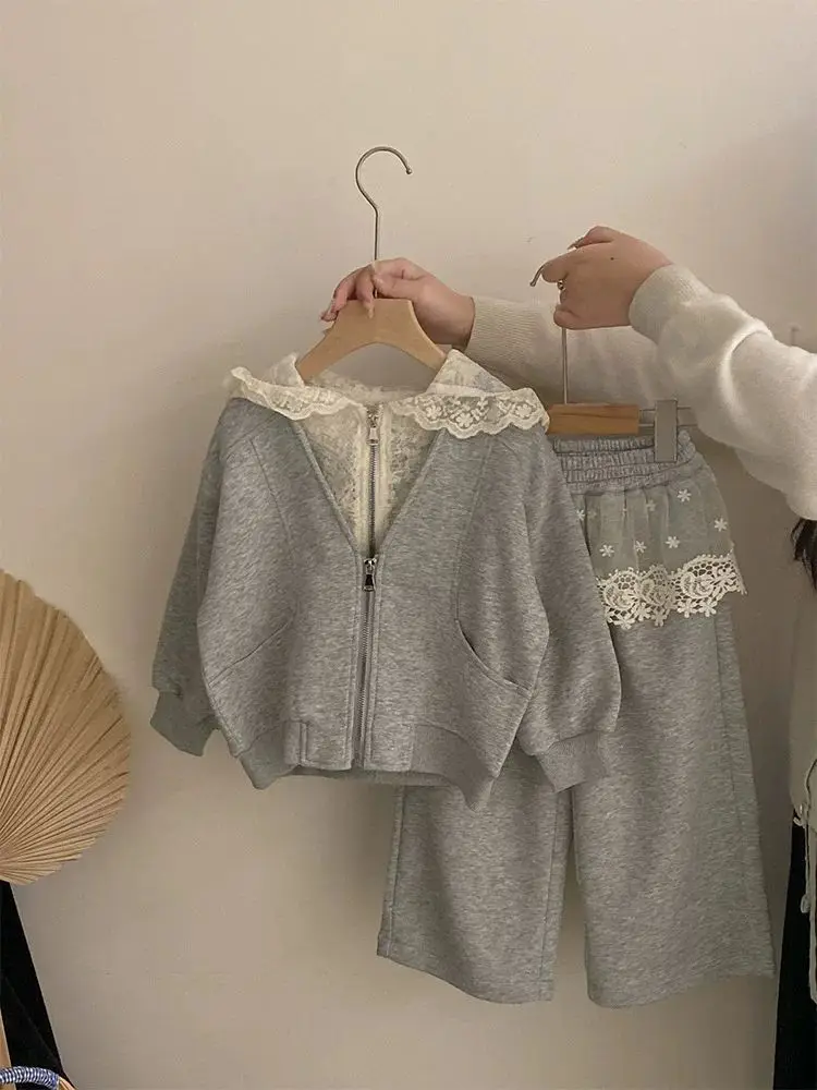 Girls' Korean Lace Hooded Cardigan + Apron Dress – 2-Piece Spring Casual Outfit for Toddler, Soft Daily Wear Baby Girl Clothes